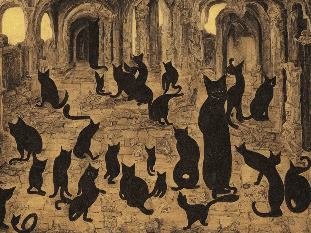 Prompt: the group of cats dressed in ritual hoodies performing strange black magick ritual in a dark gothic temple of antichrist