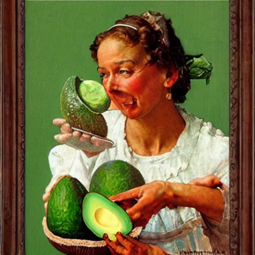 Prompt: The Goddess of Avocados. A painting by Norman Rockwell.