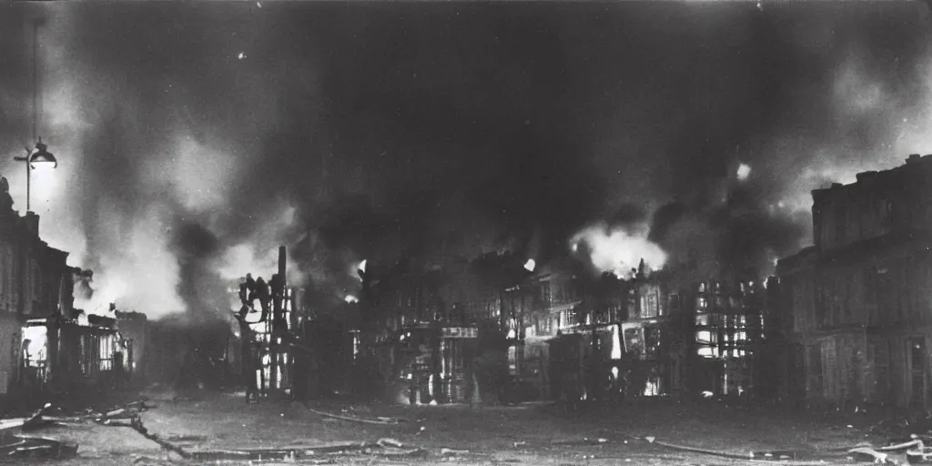 Image similar to a colour photo taken at night of saint - malo street on fire after a bombing in 1 9 4 5