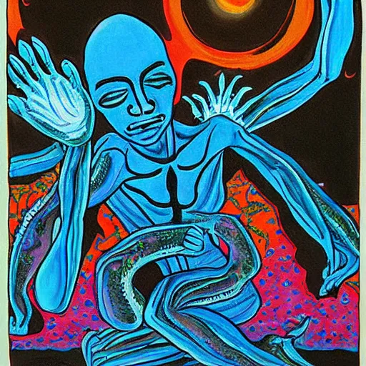 Prompt: a beautiful painting of an alien meditating in front of a giant black power fist in the center, worshipped by aliens dancing in lava fields by victor moscoso