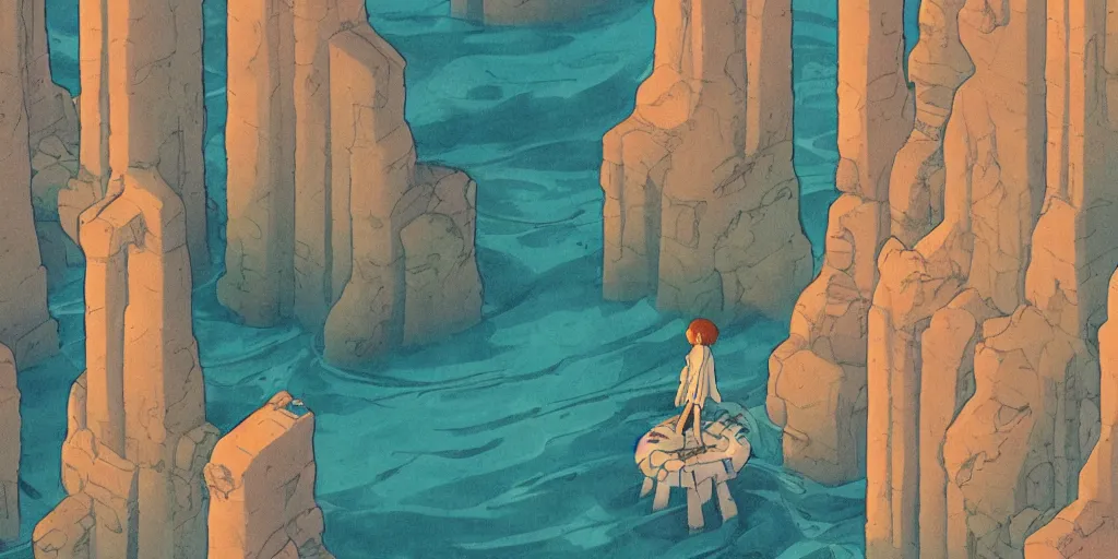 Prompt: a realistic cell - shaded studio ghibli concept art from paprika ( 2 0 0 6 ) of a tan human with fins and gills from close encounters of the third kind ( 1 9 7 7 ) in a flooded monument valley stonehenge. very dull colors, wide shot, hd, 4 k, hq