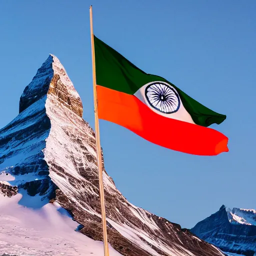 Prompt: flag of india is projected illuminated on the matterhorn mountain at night