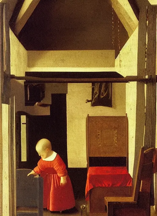 Image similar to cozy children room with toys, there was a crib with very high barred sides against the wall. The boy was holding a toy in his hands, apparently fiddling with it, medieval painting by Jan van Eyck, Johannes Vermeer