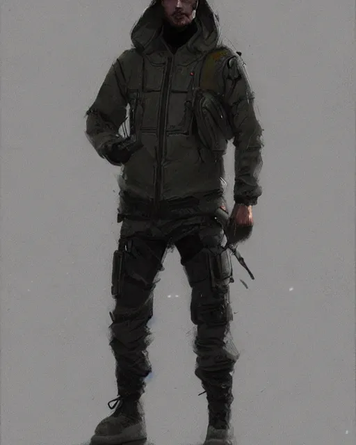 Prompt: Medium shot of a character wearing techwear in the style of greg rutkowski