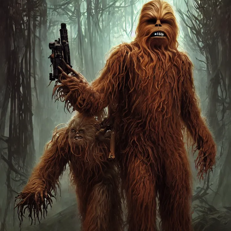 Image similar to scary horrific zombie chewbacca and wookies on the planet kashyyyk, dark star wars fantasy, body horror, sores and scars, undead. highly detailed, biopunk, digital painting, by greg rutkowski, artgerm and alphonse mucha