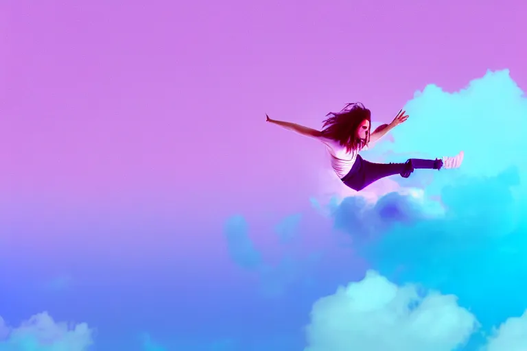 Image similar to high fidelity quality billboard photograph of a grunge model falling horizontally through realistic clouds wearing packing foam. three point light. photographic production. art directed. white pink blue lavender. gradient overlay. waves glitch artefacts. 8 k. filmic.