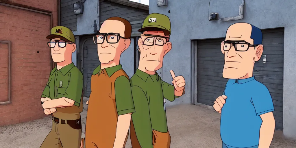 Image similar to Hank Hill and Dale Gribble standing in the alleyway, Pixar Animation style, 4K