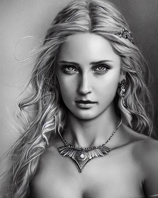Prompt: pencil drawing of a beautiful greek goddess aphrodite with arrowhead earrings, beautiful piercing eyes with sexy look, beautiful blonde hair, hyper realistic face, in the style of greg rutkowski, fantasy, amazing detail, epic, elegant, smooth, sharp focus, from the front
