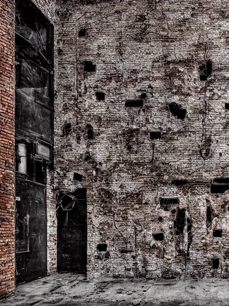 Prompt: photograph of a grunge dirty alley, bullet holes, wall brick concrete plaster eroded worn, riddled with bullet holes, dark dramatic lighting, hyper-realistic, ultra-realistic, intricate details, 4k, unreal 5, digital art