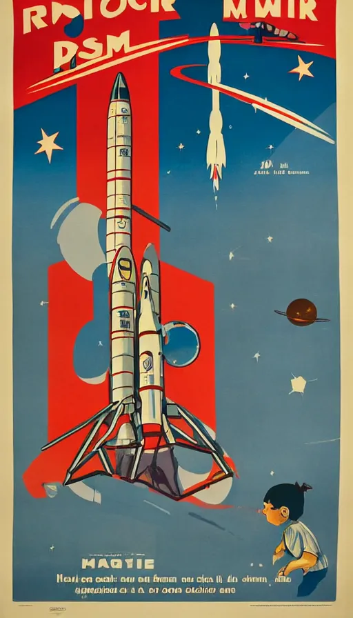 Image similar to retro propaganda poster for space exploration, rocket launching, small humans watching