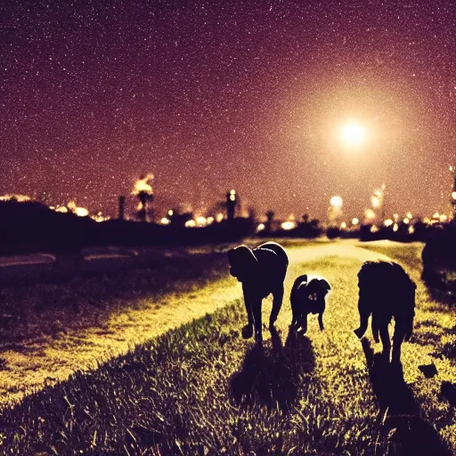 Prompt: dog walking in the night cinematography