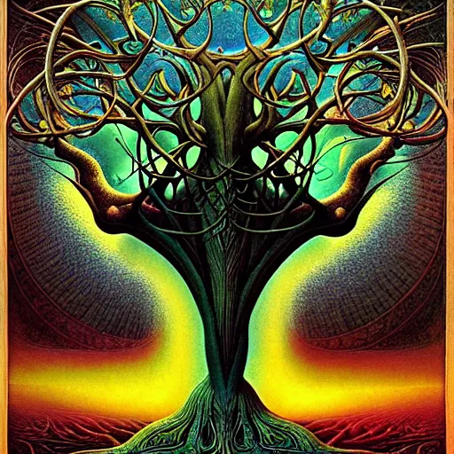 Image similar to tree of life by roger dean and andrew ferez, art forms of nature by ernst haeckel, divine chaos engine, symbolist, visionary, art nouveau, botanical fractal structures, lightning, surreality, lichtenberg figure