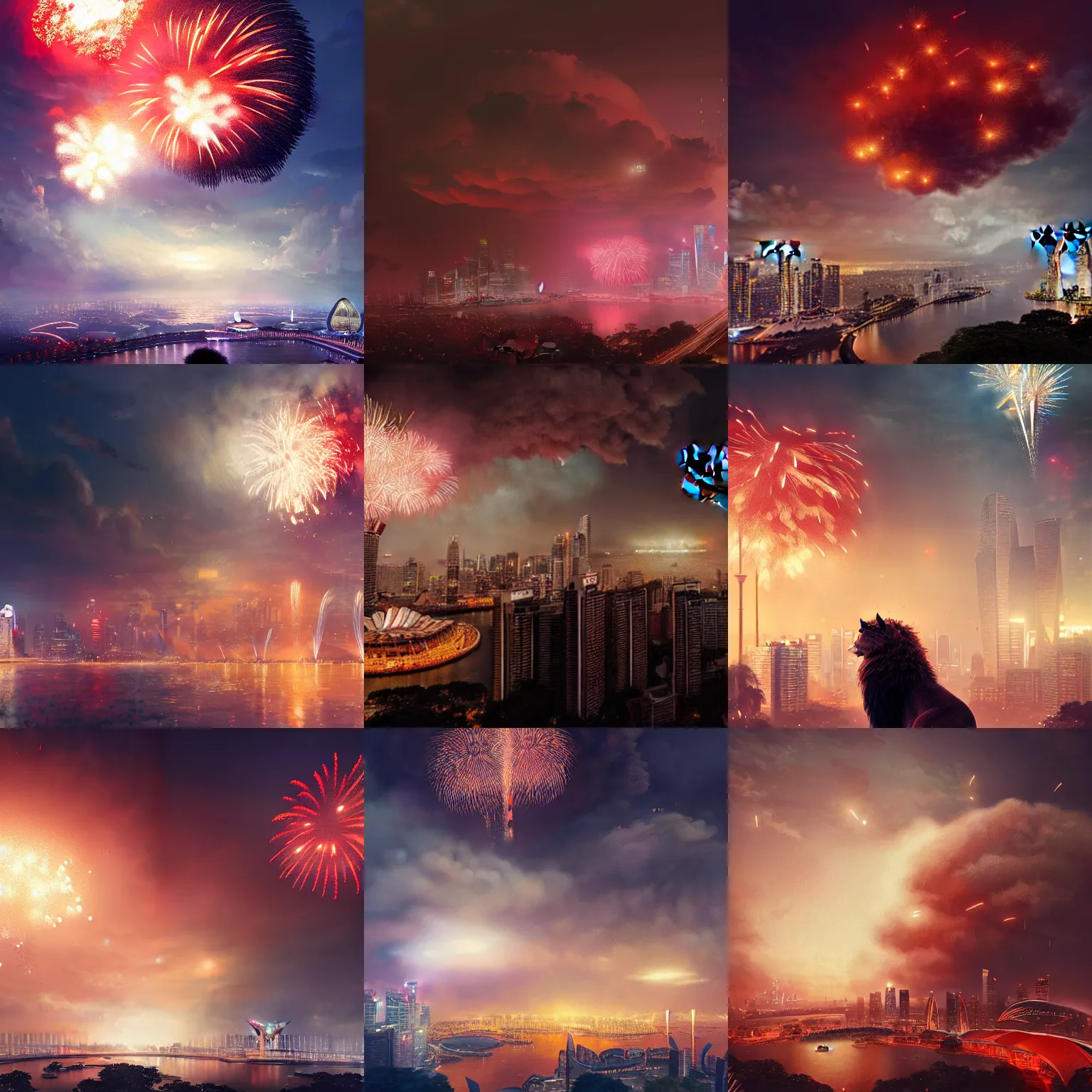 Prompt: Singapore city with a lion-shaped cloud in the sky and fireworks in the background, by greg rutkowski, red and white lighting, digital art, ultra realistic, ultra detailed, photorealistic, 4k, character concept