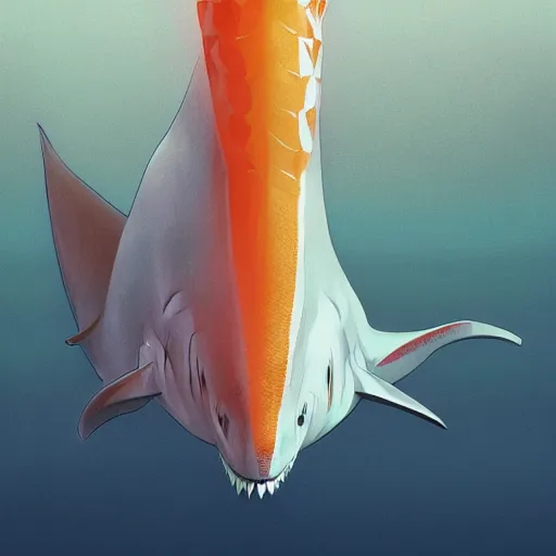 Image similar to half shark half orange and white traffic cone, wide shot, underwater background detailed atmospheric - ron cheng & alphonse mucha, highly detailed, digital painting, ray tracing, concept art, illustration, smooth sharp focus, intricate, symmetry, artstation,