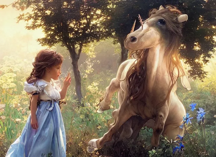 Prompt: a cute little girl with curly light brown hair and blue eyes meeting an elegant unicorn, beautiful fantasy painting by artgerm and greg rutkowski and alphonse mucha