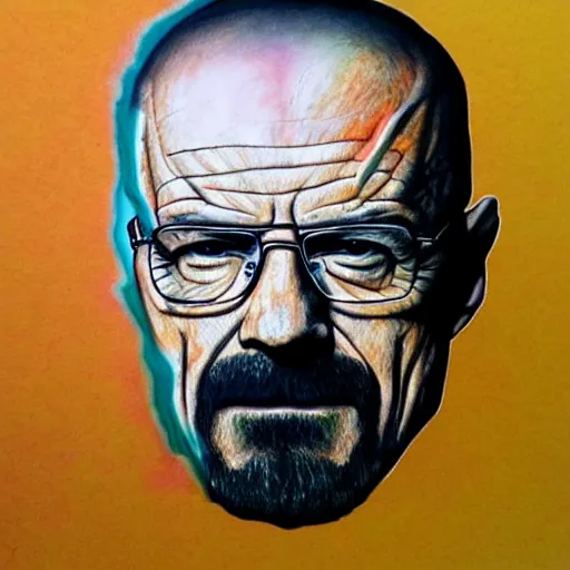 Image similar to walter white covered in acid smoke, colored pencil drawing