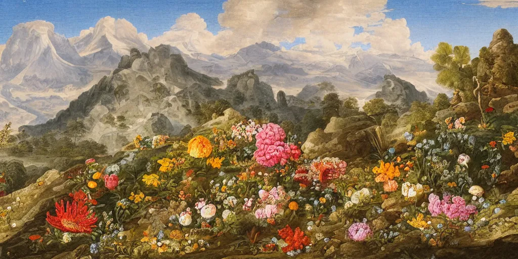 Prompt: mountain landscape with many flowers, by mahmoud sai and maria sibylla merian, intricate, sharp focus, detailed, lively colors, sky, water