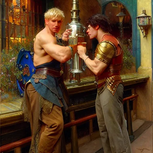 Image similar to attractive muscular arthur pendragon and muscular attractive merlin go to a pub together to have some drinks. highly detailed painting by gaston bussiere, craig mullins, j. c. leyendecker, alphonse mucha 8 k