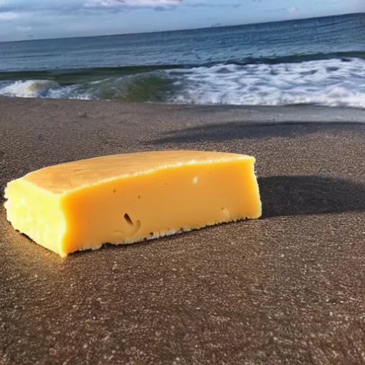 Prompt: a slice of cheese melting on the beach. big yacht on back scene. iphone photo. naturalism