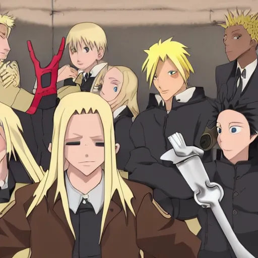 Image similar to young blonde boy fantasy thief in a tavern surrounded by dark skinned friends and light skinned friends, full metal alchemist, anime style