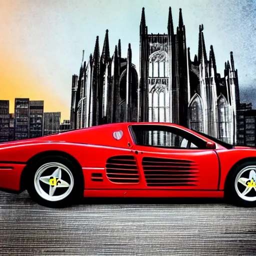 Prompt: a red ferrari testarossa in front of gothic architecture, gotham city, magazine collage style