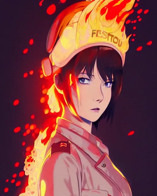 Prompt: beautiful female fireman, covered in flames | | very very anime!!!, fine - face, audrey plaza, realistic shaded perfect face, fine details. anime. realistic shaded lighting poster by ilya kuvshinov katsuhiro otomo ghost - in - the - shell, magali villeneuve, artgerm, jeremy lipkin and michael garmash and rob rey