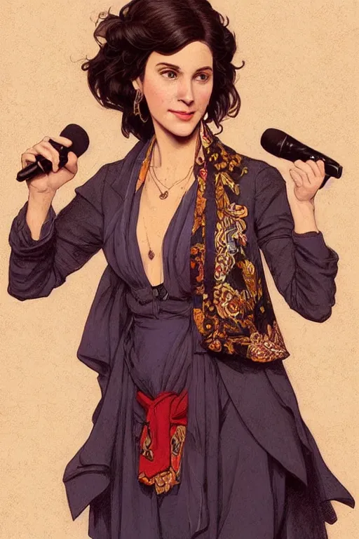 Image similar to beautiful cottagecore Seinfeld holding a microphone. intricate, elegant. highly detailed, digital painting, artstation, concept art, smooth, sharp, focus, illustration. . art by artgerm and greg rutkowski and alphonse mucha