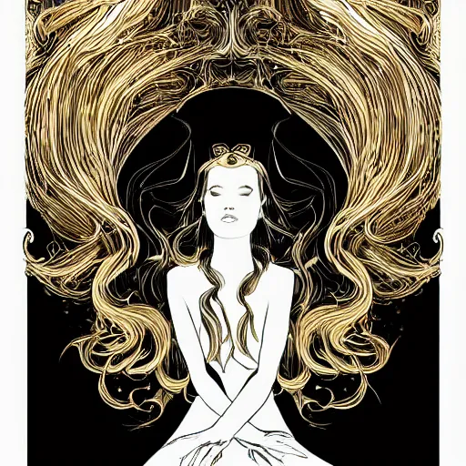 Image similar to gold tones, princess of light, style of moebius, james jean, mcbess, long glowing ethereal hair, cinematic, highly detailed, award winning