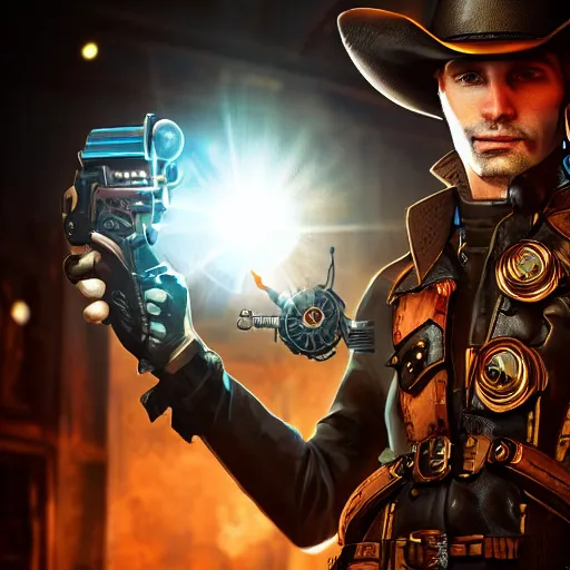 Prompt: a futuristic cowboy holding a glowing revolver in a steampunk themed bar, unreal engine fantasy art, trending on artstation, digital art, beautiful composition