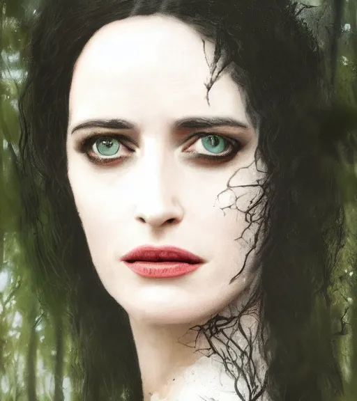 Image similar to 5 5 mm close up portrait photo of eva green as yennefer of vengerberg in black leather armor and long black fluff hair, in a forest. magical atmosphere. art by greg rutkowski. lifelike. very detailed 8 k. intricate. soft light. nikon d 8 5 0.