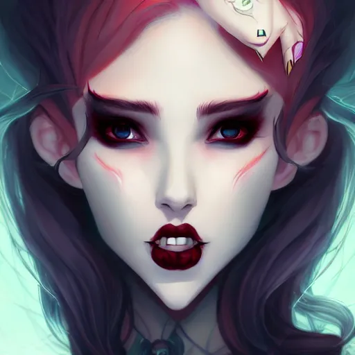 Prompt: a portrait of a beautiful vampire with fangs, art by lois van baarle and loish and ross tran and rossdraws and sam yang and samdoesarts and artgerm, digital art, highly detailed, intricate, sharp focus, Trending on Artstation HQ, deviantart, unreal engine 5, 4K UHD image