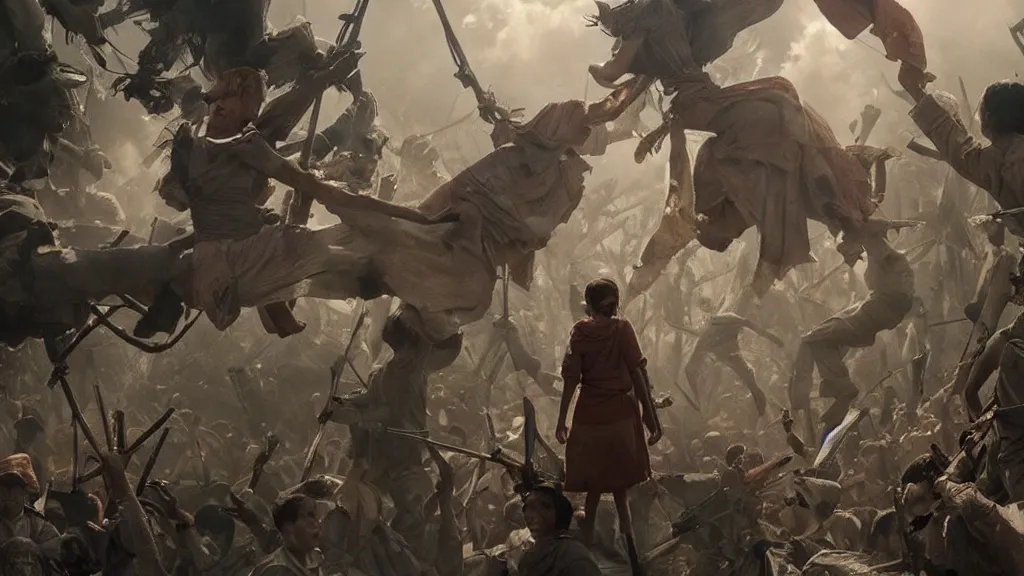 Image similar to A shot from a Films about the Indonesian National Revolution starring emma watson by nuri iyem, james gurney, james jean, greg rutkowski, anato finnstark