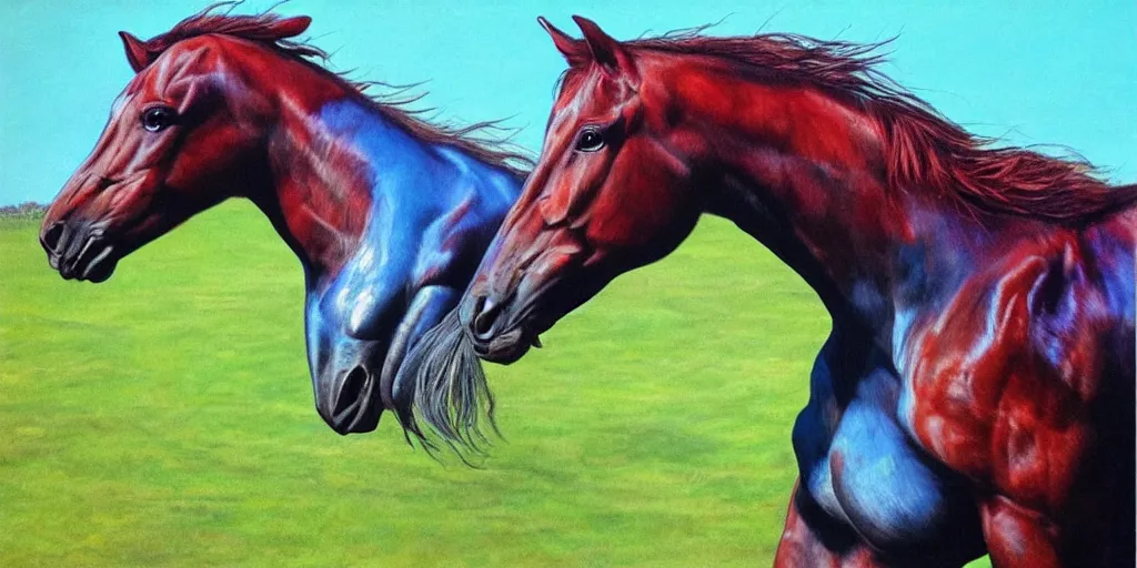 Image similar to a horse with a human head hyper realistic, colorful