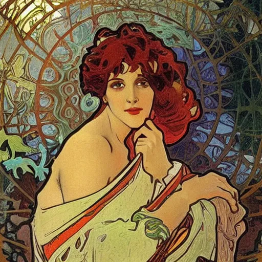 Image similar to fall, painted by alphonse mucha