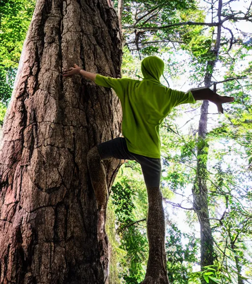 Image similar to an anthropomorphic tree giving a thumbs up while bouldering, sports photography.