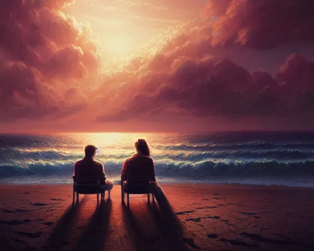 Image similar to couple sitting in front of the ocean, detailed intricate illustration, dark atmosphere, detailed illustration, hd, 4 k, digital art, overdetailed art, by greg rutkowski, by loish, complementing colors, trending on artstation, deviantart