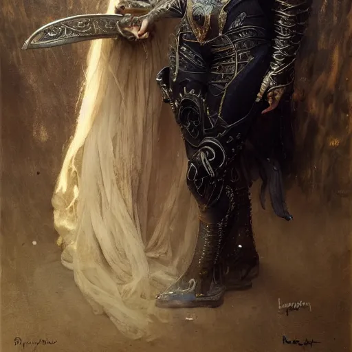 Image similar to florence pugh, wearing dark black ornamented medieval armour, detailed, by gaston bussiere, bayard wu, greg rutkowski, giger, maxim verehin, greg rutkowski, masterpiece, sharp focus,