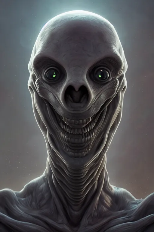 Image similar to Portrait of a Scary Alien, wide angle, super highly detailed, professional digital painting, artstation, concept art, smooth, sharp focus, no blur, no dof, extreme illustration, Unreal Engine 5, Photorealism, HD quality, 8k resolution, cinema 4d, 3D, beautiful, cinematic, art by artgerm and greg rutkowski and alphonse mucha and loish and WLOP