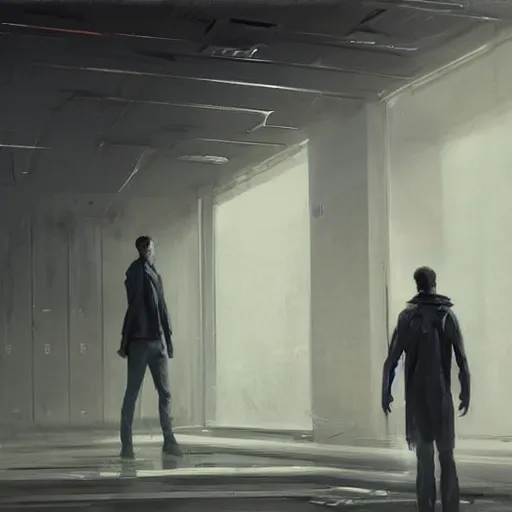 Image similar to concept art by greg rutkowski, a very tall and slender young man, dressed in patient clothes and an open sweatshirt, wandering through the desolate, futuristic, brutalist interior of a space colony, depressing atmosphere, low lighting, scifi, highly detailed portrait, digital painting, artstation, concept art, smooth, sharp foccus ilustration, artstation hq