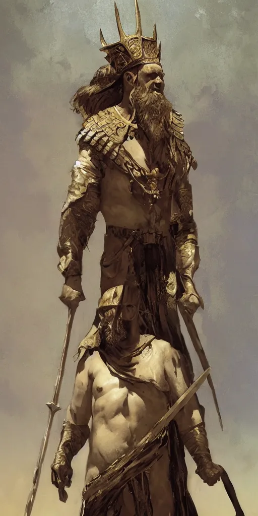 Prompt: a full body portrait of the ancient historical biblical evil pagan king ahab of Israel by craig mullins and marc simonetti, Ross Tran and WLOP, by Andrew Wyeth and Gerald Brom, In the style of John singer Sargent and James gurney, ARTSTATION, cgsociety, polycount, character design, CINEMATIC, AWE INSPIRING, BEAUTIFUL, ART GERM