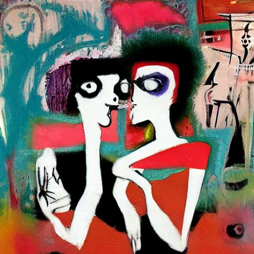 Image similar to beautiful painting of two bizarre psychedelic goth women kissing each other closeup in a cafe in japan, speculative evolution, mixed media collage by basquiat and jackson pollock, magazine collage art, sapphic art, lesbian art