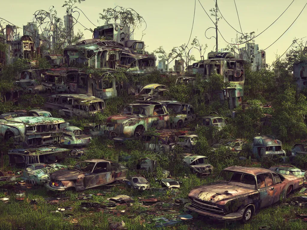 Image similar to beautiful house made from junkyard scrap parts, in an abandoned car lot overgrown, junk architectural, futuresynth, scrapyard architecture, blender, morning, ruined city in the background, trending on artstation, by gal barkin
