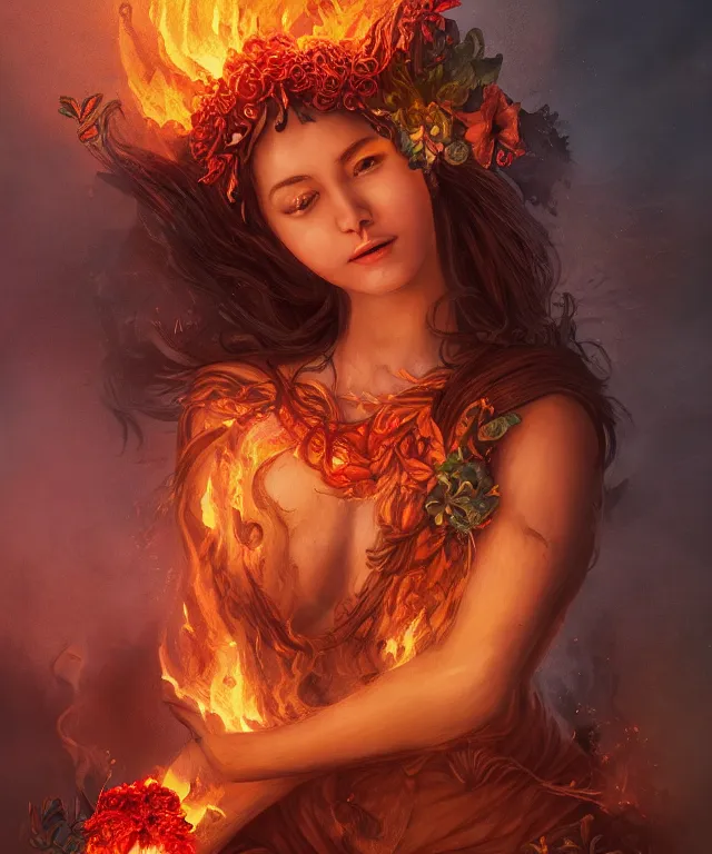 Prompt: tarot pele hawaiian fire goddess holding molten fire lava elemental in cauldera of volcano, wreath of anthuriums around her head and waist. | by charlie bowater and titian and artgerm | photoreal, face, fantasy art | 8 k | intricate | lifelike | highly detailed | cinematic | featured on artstation