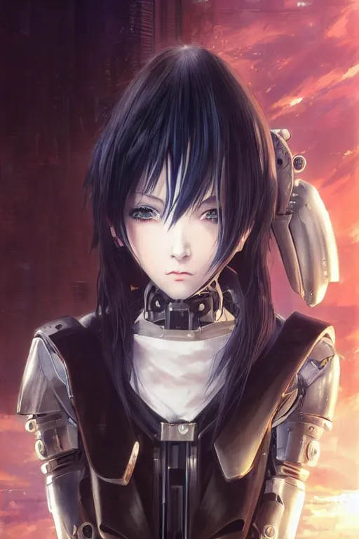 Image similar to portrait Anime girl in cyberpunk trinity blood armor, cute-fine-face, black-hair pretty face, realistic shaded Perfect face, fine details. Anime. realistic shaded lighting by Ilya Kuvshinov katsuhiro otomo ghost-in-the-shell, magali villeneuve, artgerm, rutkowski, WLOP Jeremy Lipkin and Giuseppe Dangelico Pino and Michael Garmash and Rob Rey and Yoshitaka Amano and Thores Shibamoto