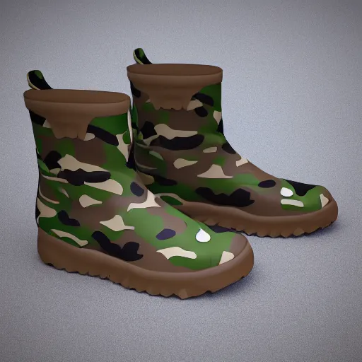 Prompt: hyper realistic complex 3 d the flat head boots, camo, blender, lightning wide shot