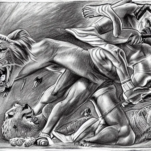 Prompt: hero wrestling against a lion in the middle of an arena, crowd of people, pencil art, added detail, high definiton, colored, aerial view