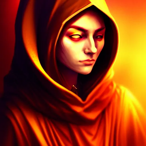 Image similar to ( a priestess with a hood that covers half her face carries an incense burner that emits a pleasantly colored flame. ) by anato finnstark, photorealistic, fullbody portrait, dynamic lighting, beautiful, trending on artstation, wallpaper, 4 k, award winning, digital art, golden hues