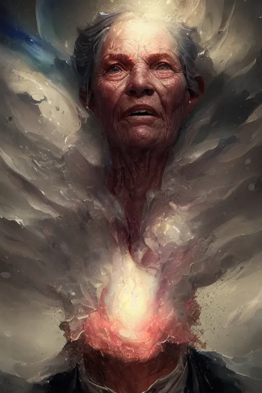 Prompt: the look of an elderly person full of wrinkles and imperfections, tornado by artgem and greg rutkowski, highly detailed, vivid colors, trippy, nebula, trending on artstation