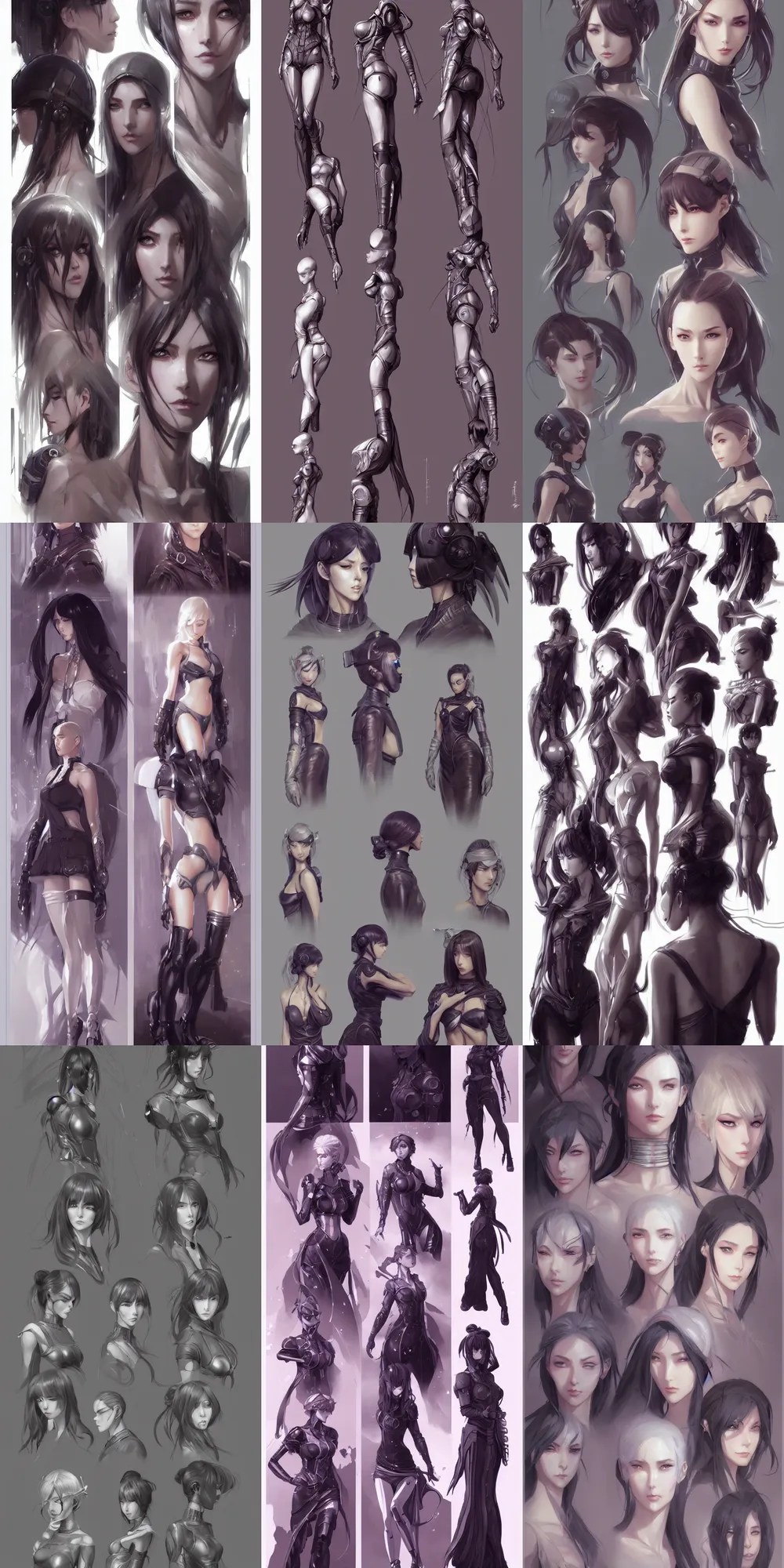 Image similar to concept character sheet, beautiful anime style women with a gorgeous symmetrical faces and bodies, cyberpunk, sci - fi, fantasy, intricate, elegant, highly detailed, digital painting, artstation, concept art, smooth, sharp focus, illustration, beautiful light and shadows, art by artgerm and greg rutkowski and krenz cushart and wlop