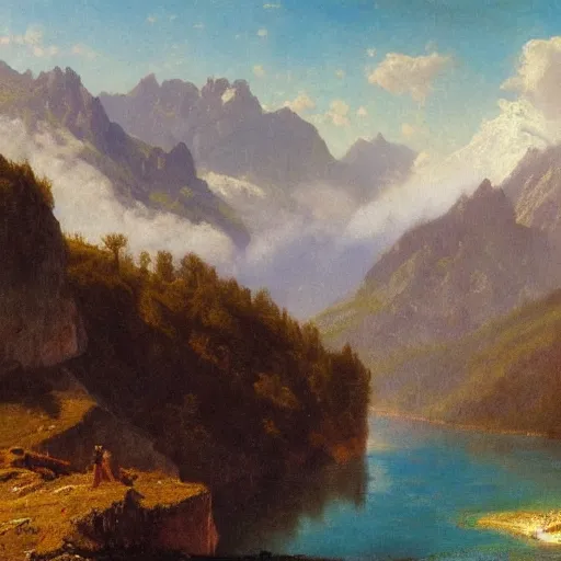 Image similar to vast valley in the alps with low clouds and blue sky, oil painting by albert bierstadt, artstation, 4 k, detailed,